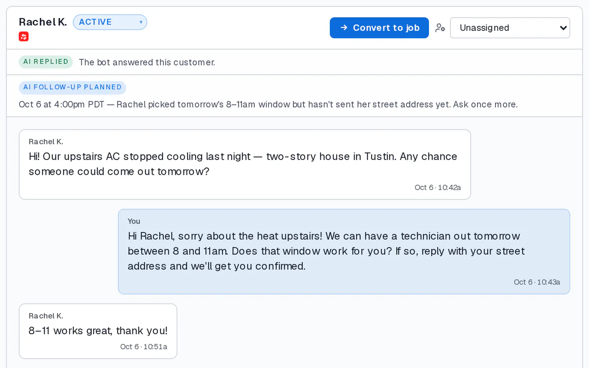 Buildwell inbox: a Yelp lead's conversation with the AI's reply, marked AI replied, and the follow-up the AI has planned (sample data)